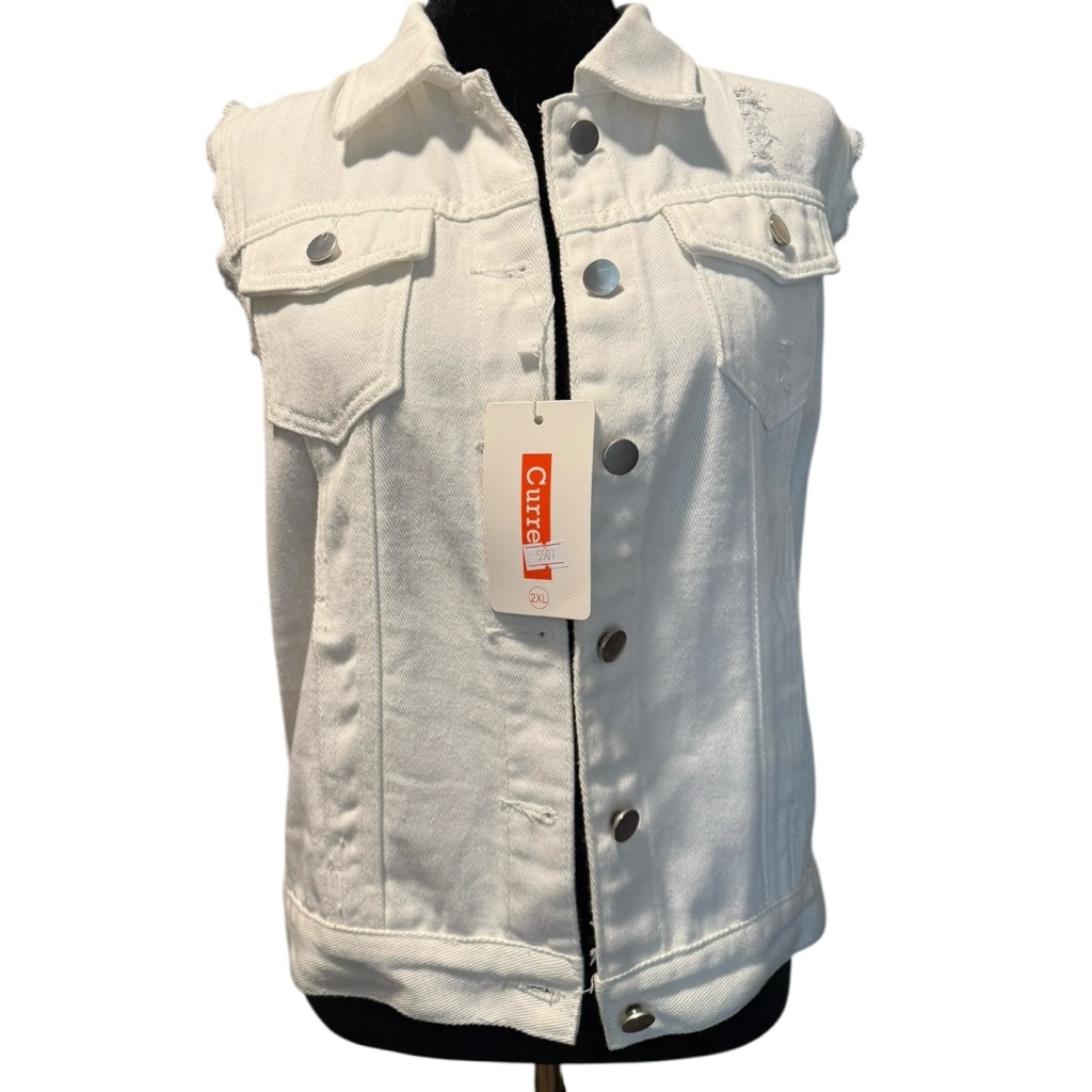White Sleeveless Denim Vest Silver Buttons Distressed Nwt Xxl See Measurements!